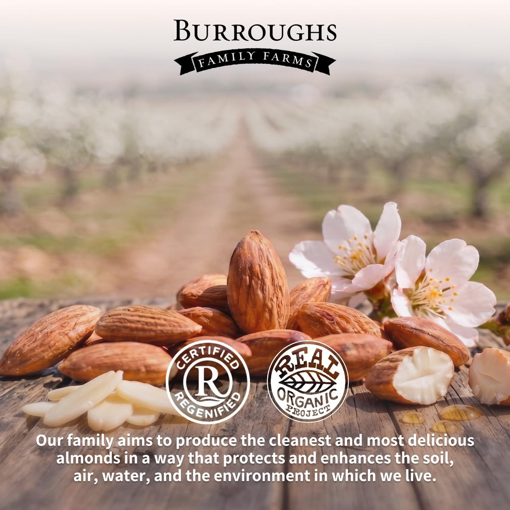 Burroughs Family Farms open glass jar top view revealing creamy almond butter texture