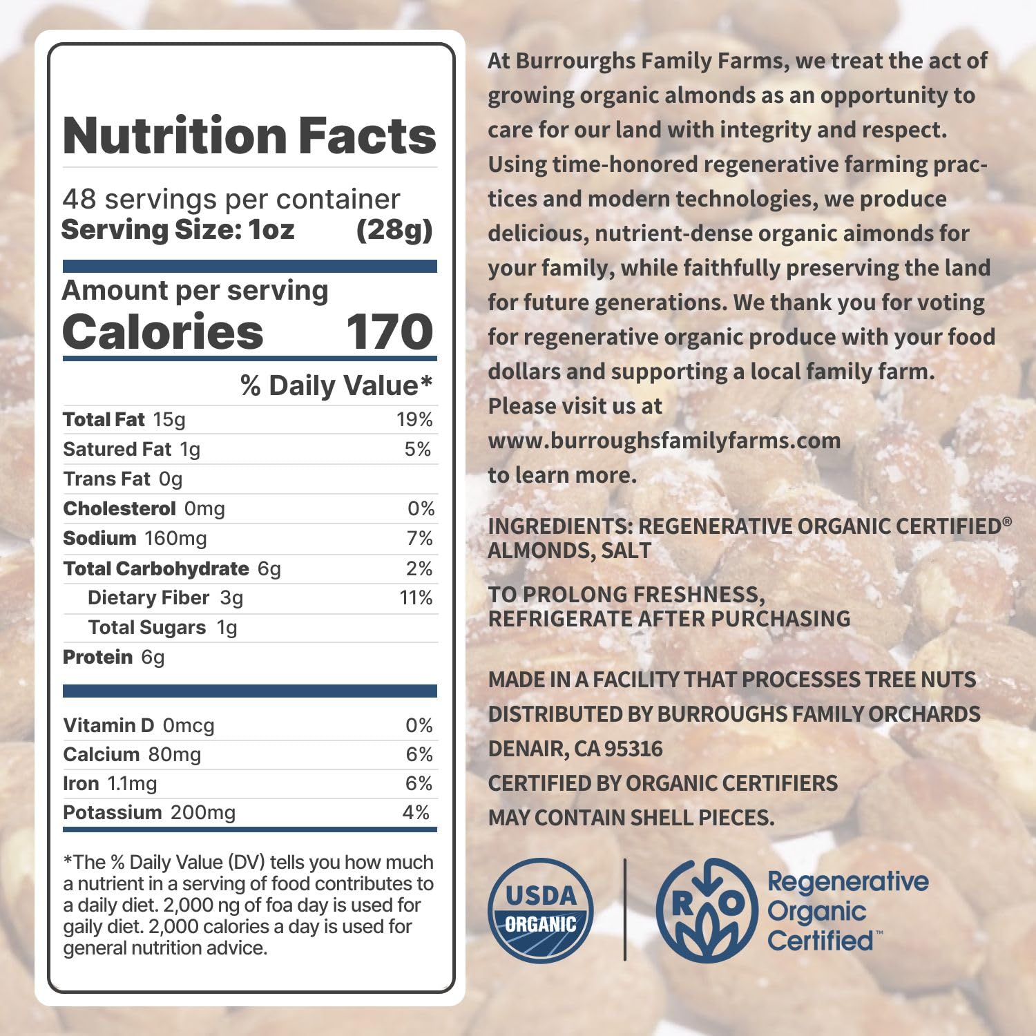 Burroughs Family Farms almonds held in hand to show 3 lb scale and portion reference