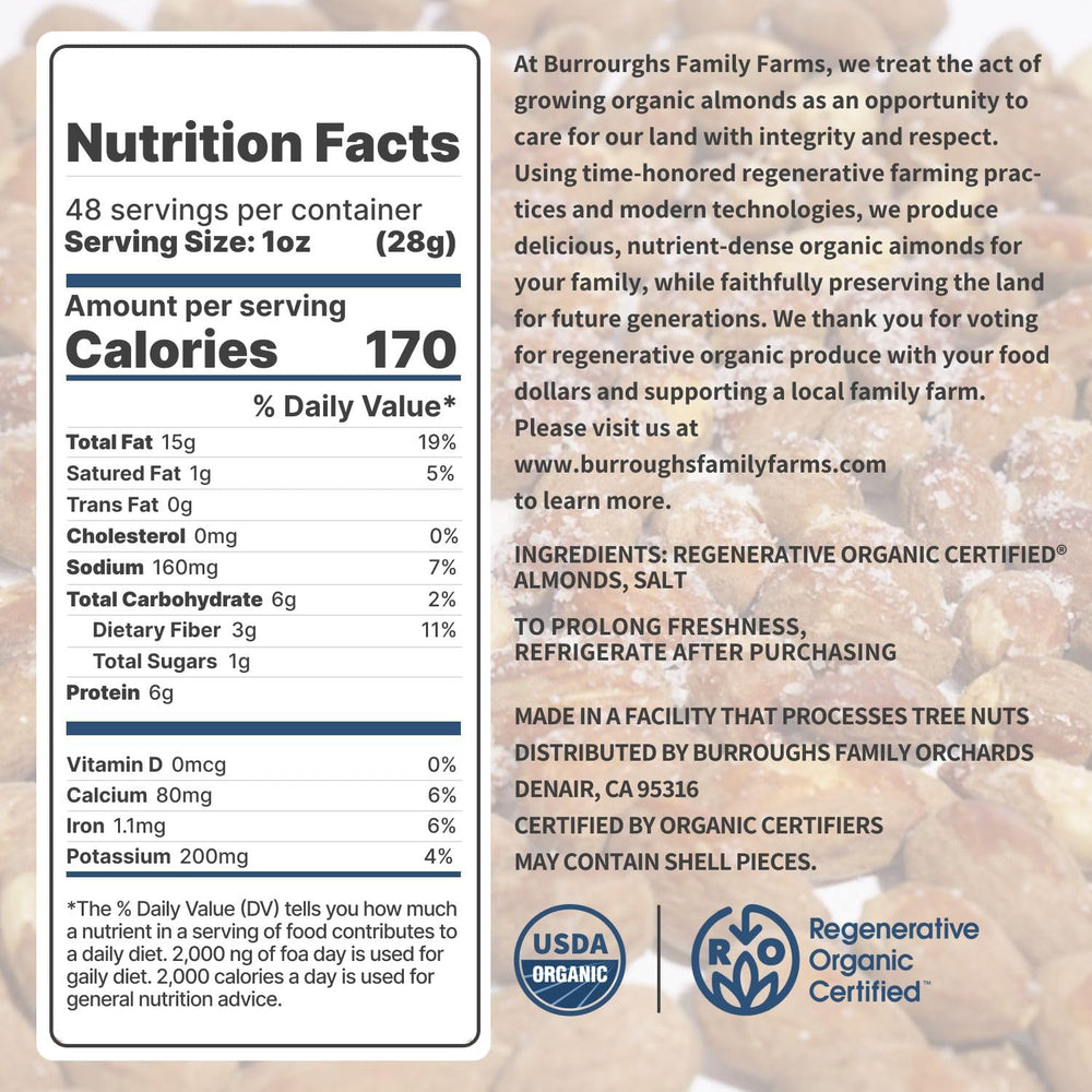 Burroughs Family Farms almonds held in hand to show 3 lb scale and portion reference