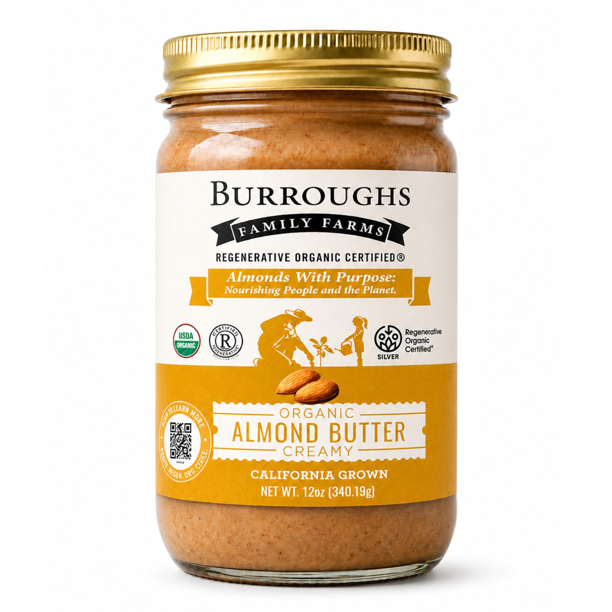 Burroughs Family Farms jar front showing organic label and sustainable benefits