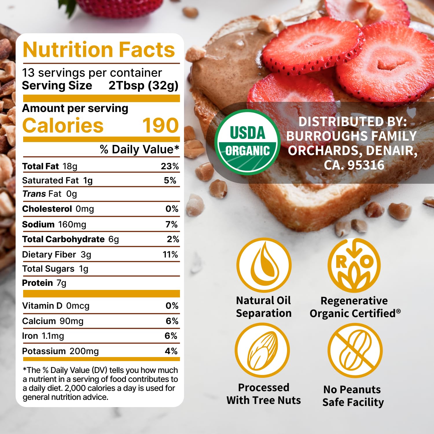 Burroughs Family Farms side label displaying regenerative organic certification details