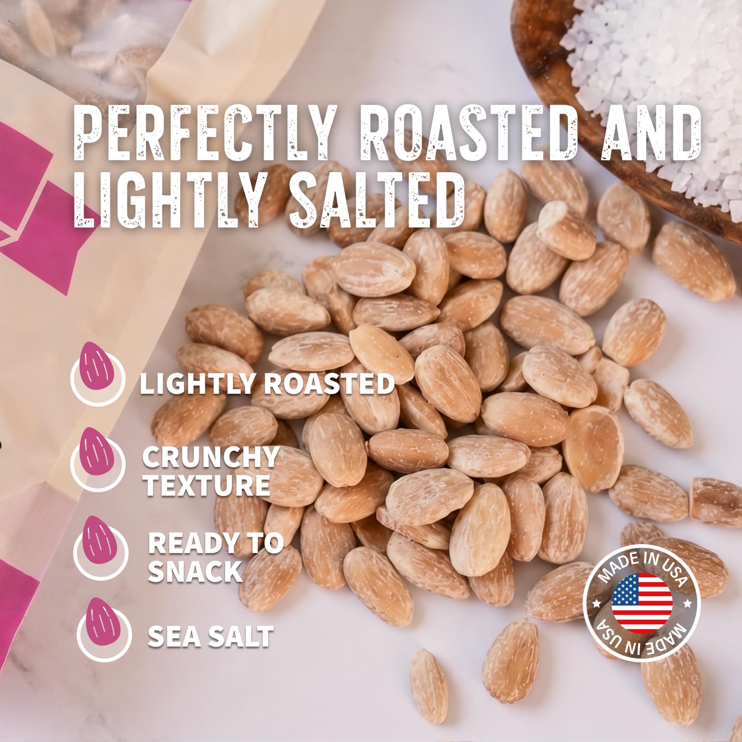 Burroughs Family Farms roasted almonds in a wooden bowl emphasizing roasted flavor