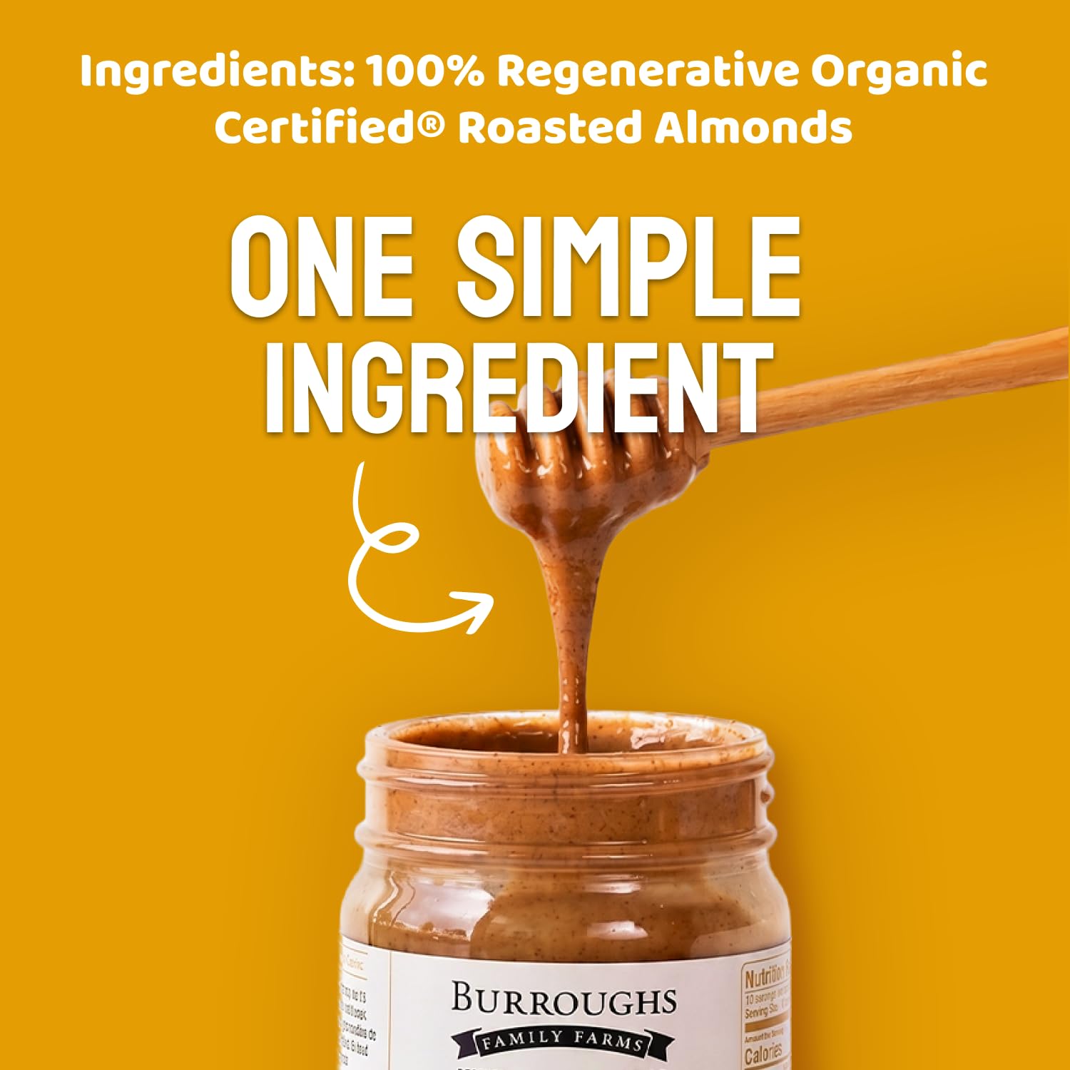 Burroughs Family Farms spoonful of almond butter highlighting smooth texture and spreadability
