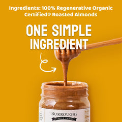Burroughs Family Farms spoonful of almond butter highlighting smooth texture and spreadability