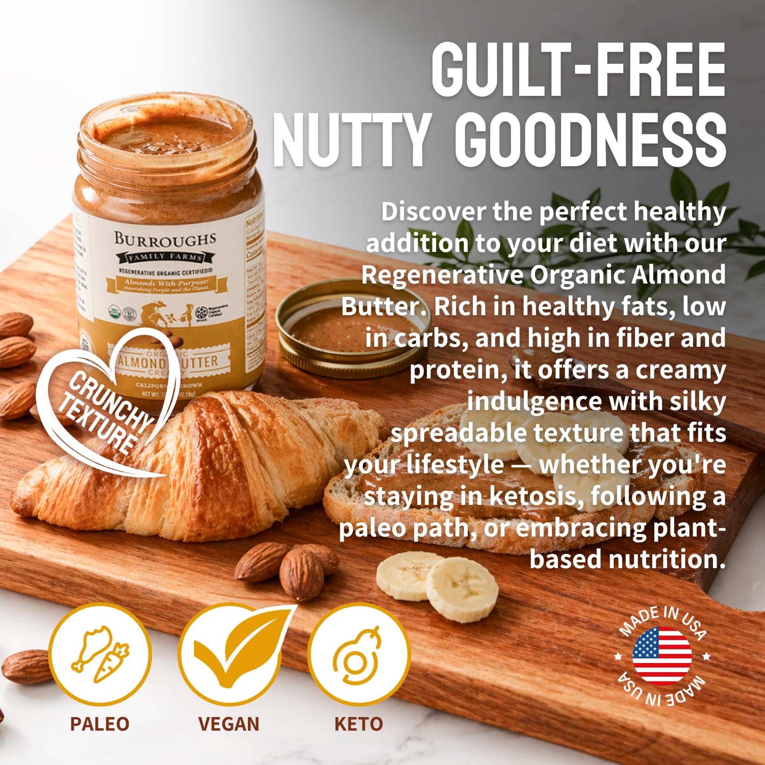 Burroughs Family Farms almond butter spread on toast illustrating tasty breakfast option