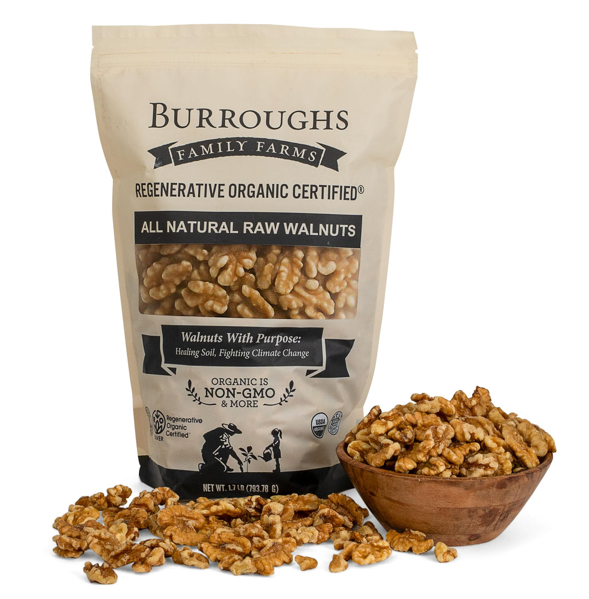 Burroughs Family Farms front packaging showing organic walnut bag and branding