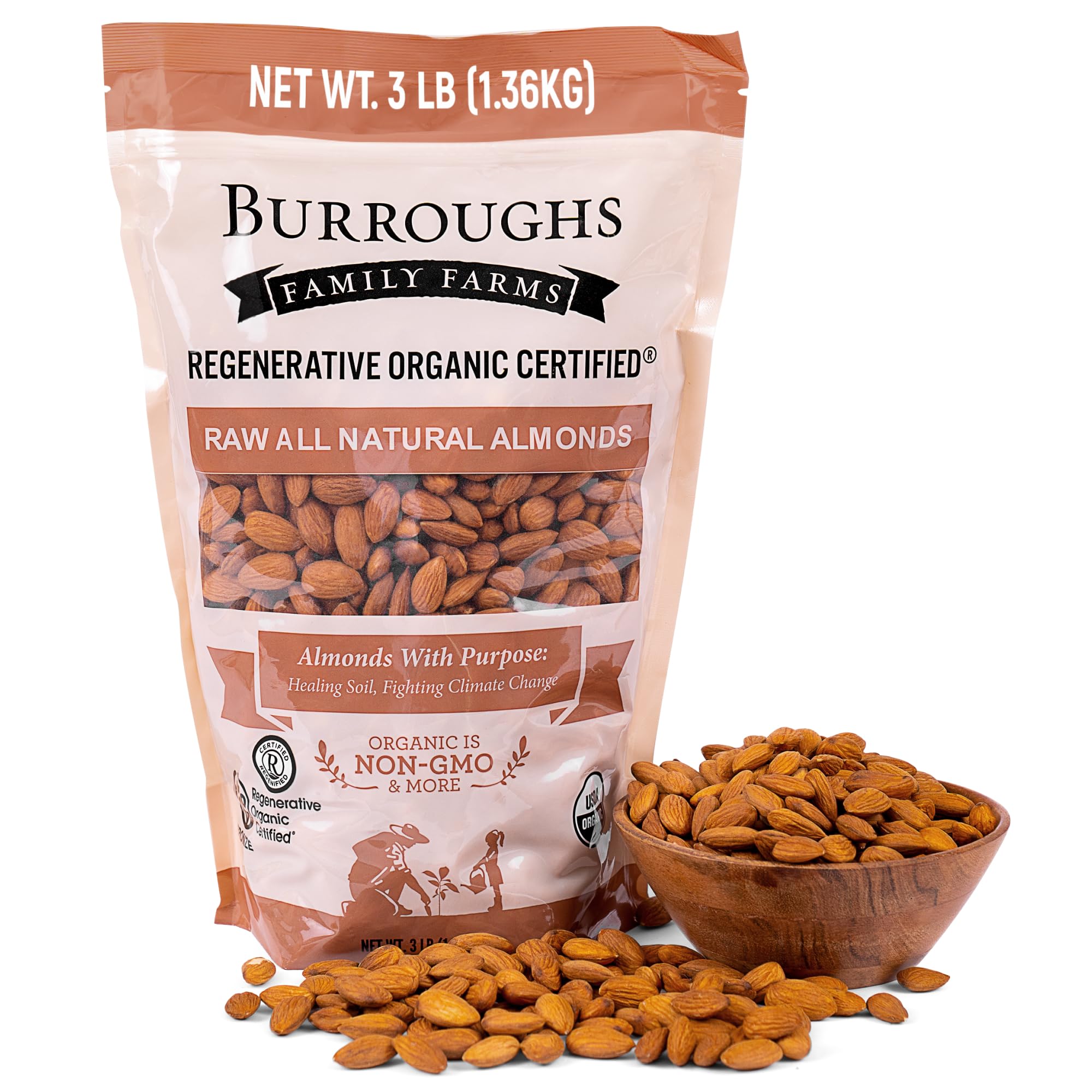 Burroughs Family Farms front packaging showing organic 3 lb bag and seal benefit