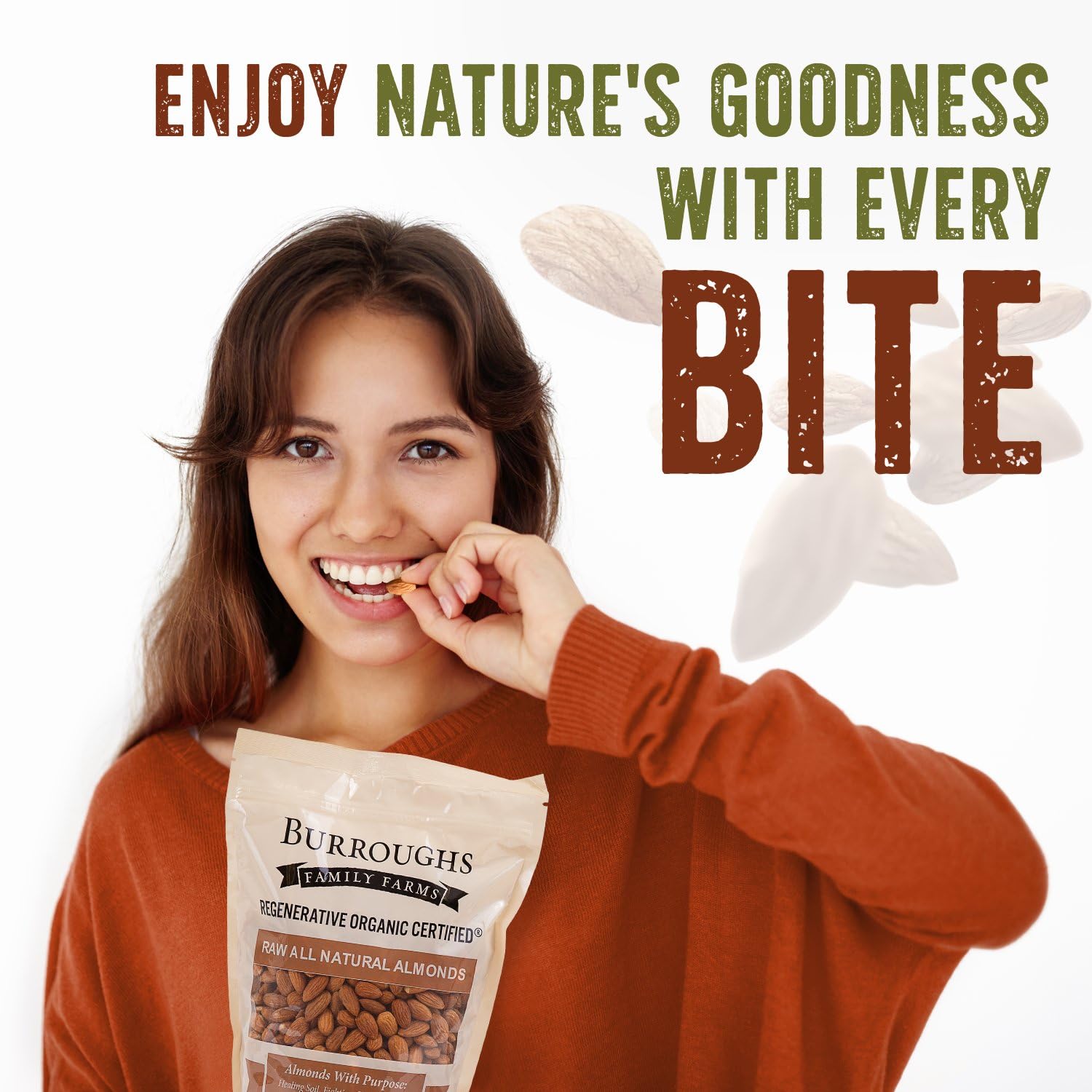 Burroughs Family Farms roasted almonds on snack plate showing ready-to-eat satisfying snack benefit