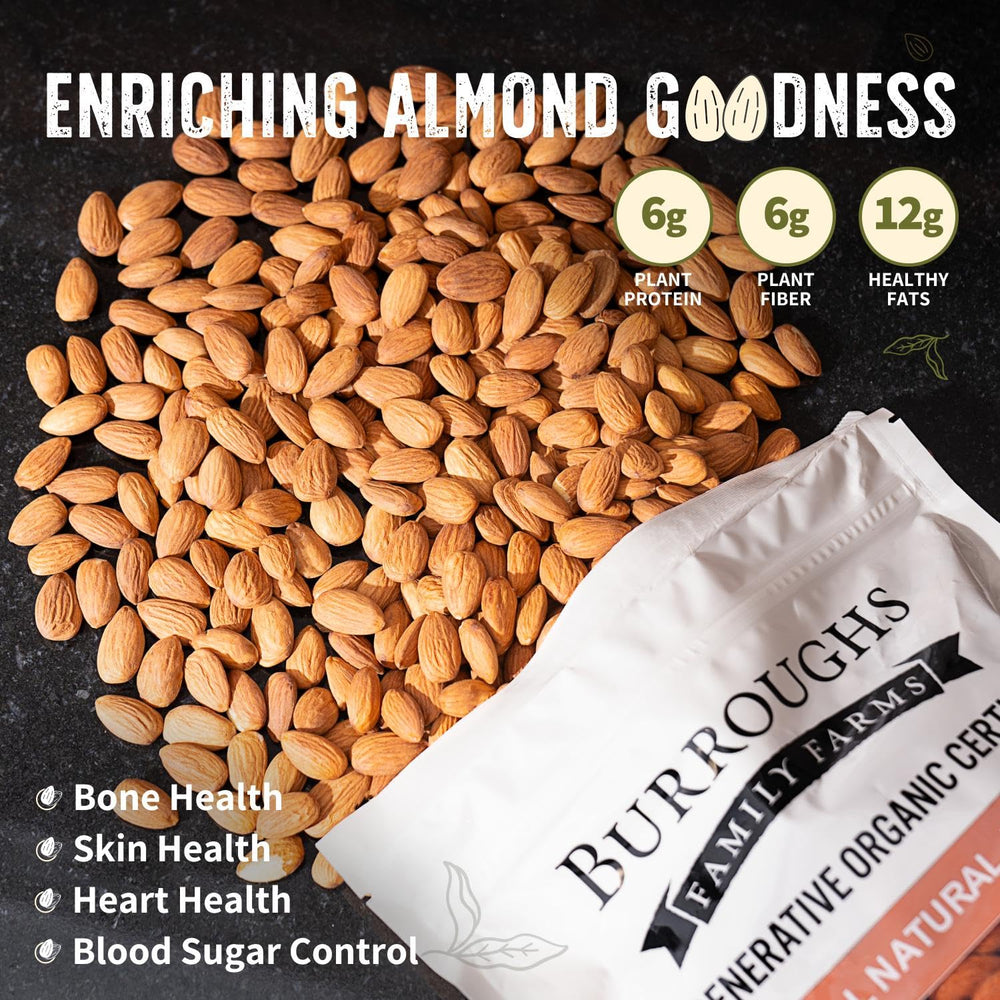 Burroughs Family Farms almonds next to measuring scale showing bulk 3 lb value benefit