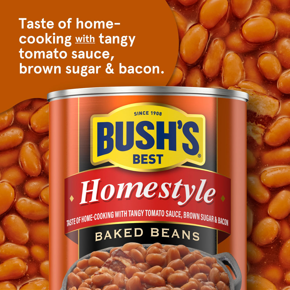Close-up of Bush's Best beans in tangy sauce showing texture and glaze