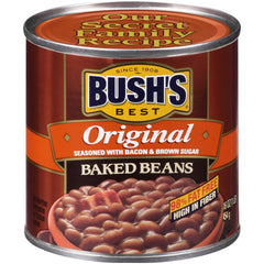 Bush's Best stacked cans in pantry demonstrating bulk convenience and storage
