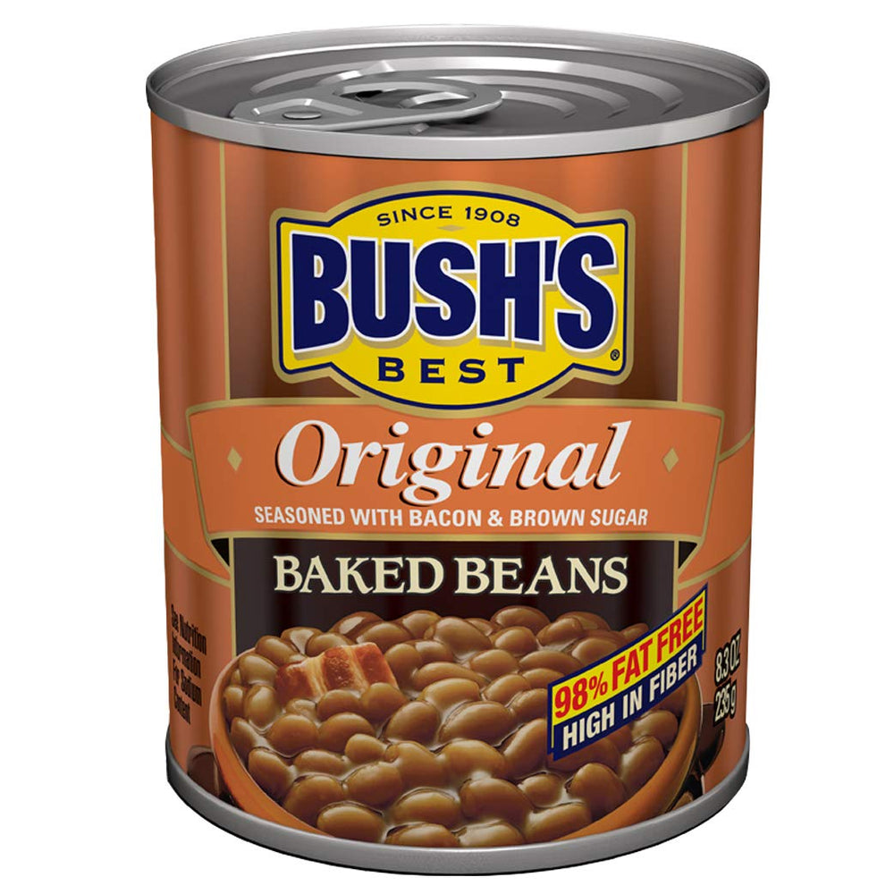 Bush's Best Country Style can close-up label showing smoky flavor cues and easy-open lid
