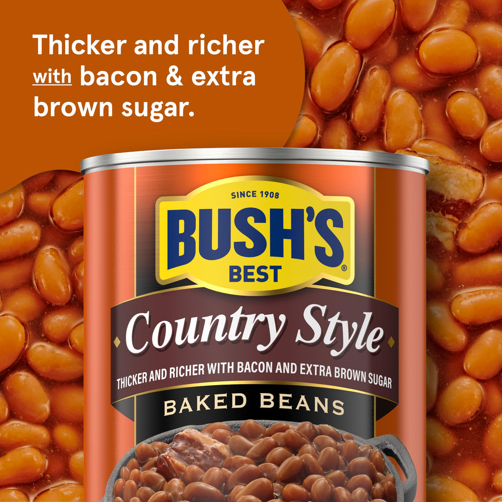 Open can of Bush's Best Country Style showing thick sauce and bacon, ready to serve