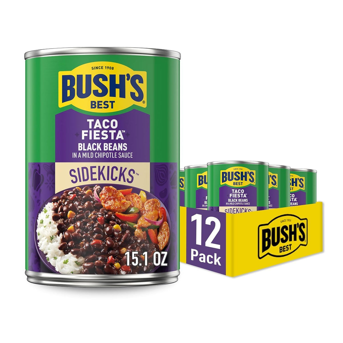 Bush's Best front can showing Taco Fiesta label and serving suggestion benefit