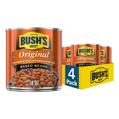 Bush's Best front packaging showing four 16 oz cans and serving suggestion