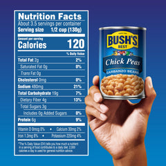 Close-up of Bush's Best garbanzo beans highlighting firm texture and flavor