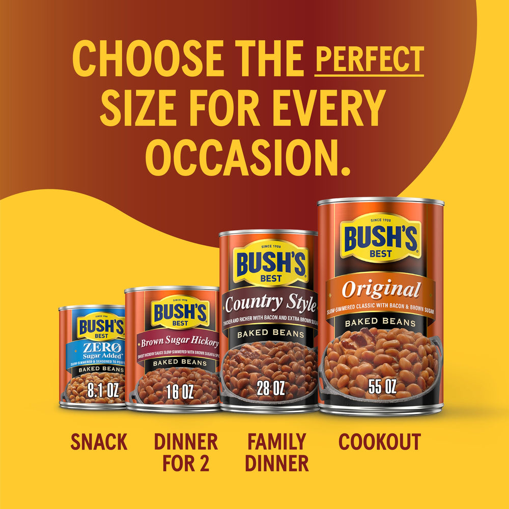 Bush's Best stacked cans in pantry showing bulk pack value and storage ease