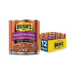 Bush's Best front packaging showing 16 oz can and maple bacon label benefit quick selection