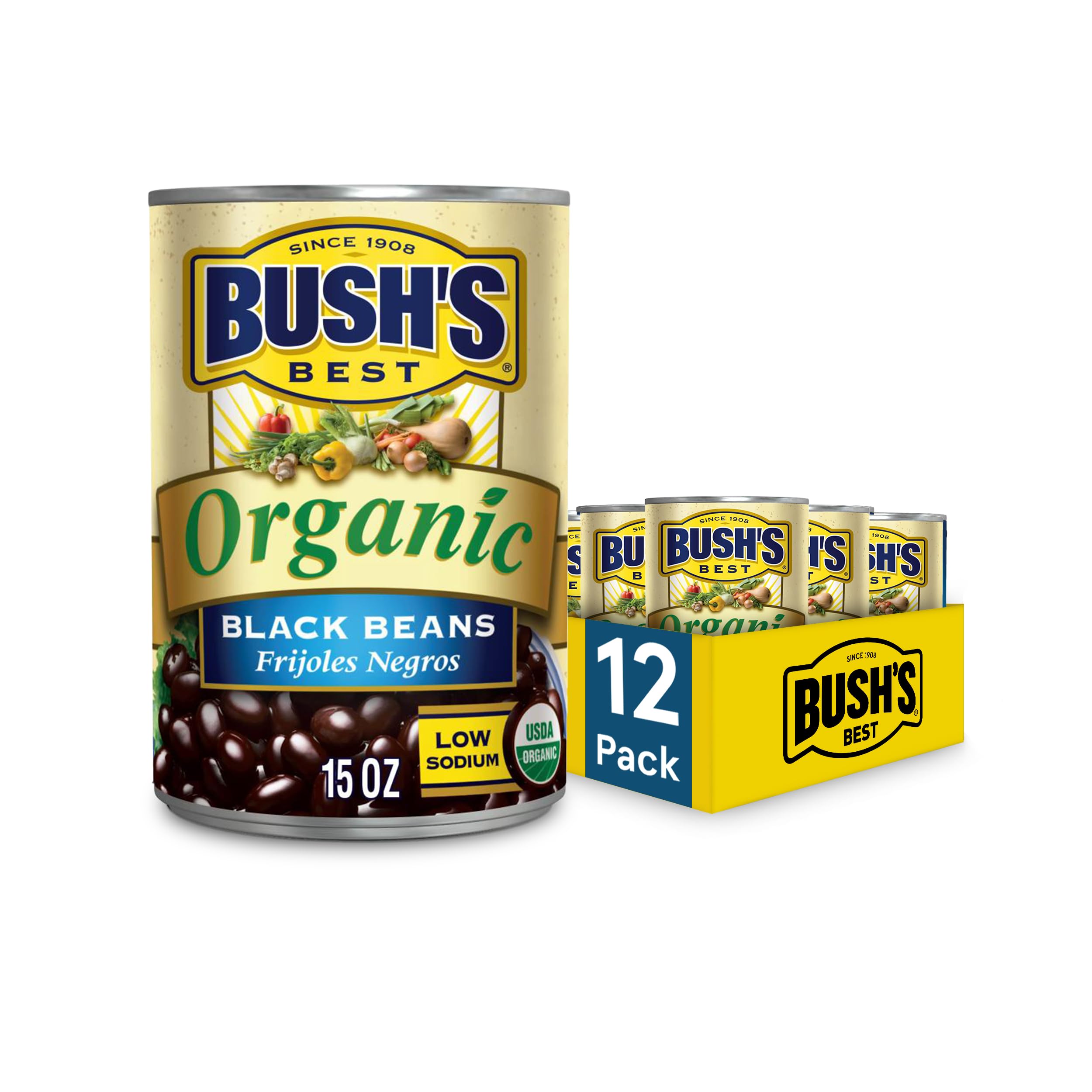 Bush's Best front can showing organic black beans and clear branding for pantry convenience
