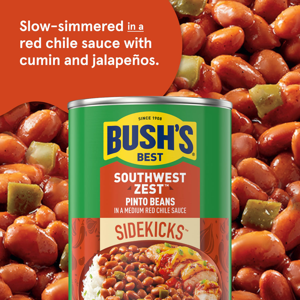 Bush's Best close-up of the red chile sauce texture highlighting spices and jalapeño pieces for bold flavor