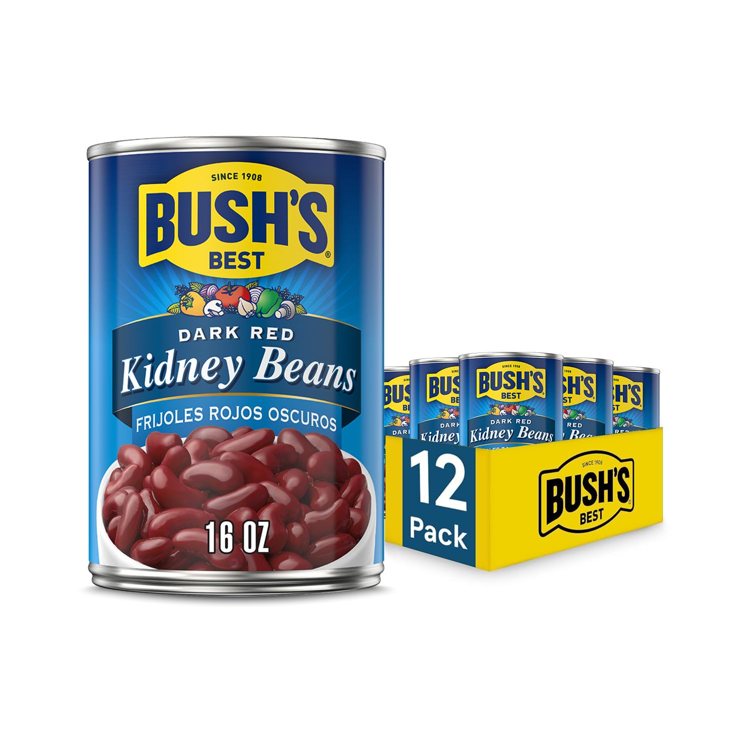 Bush's Best front packaging showing twelve 16 oz cans for pantry convenience