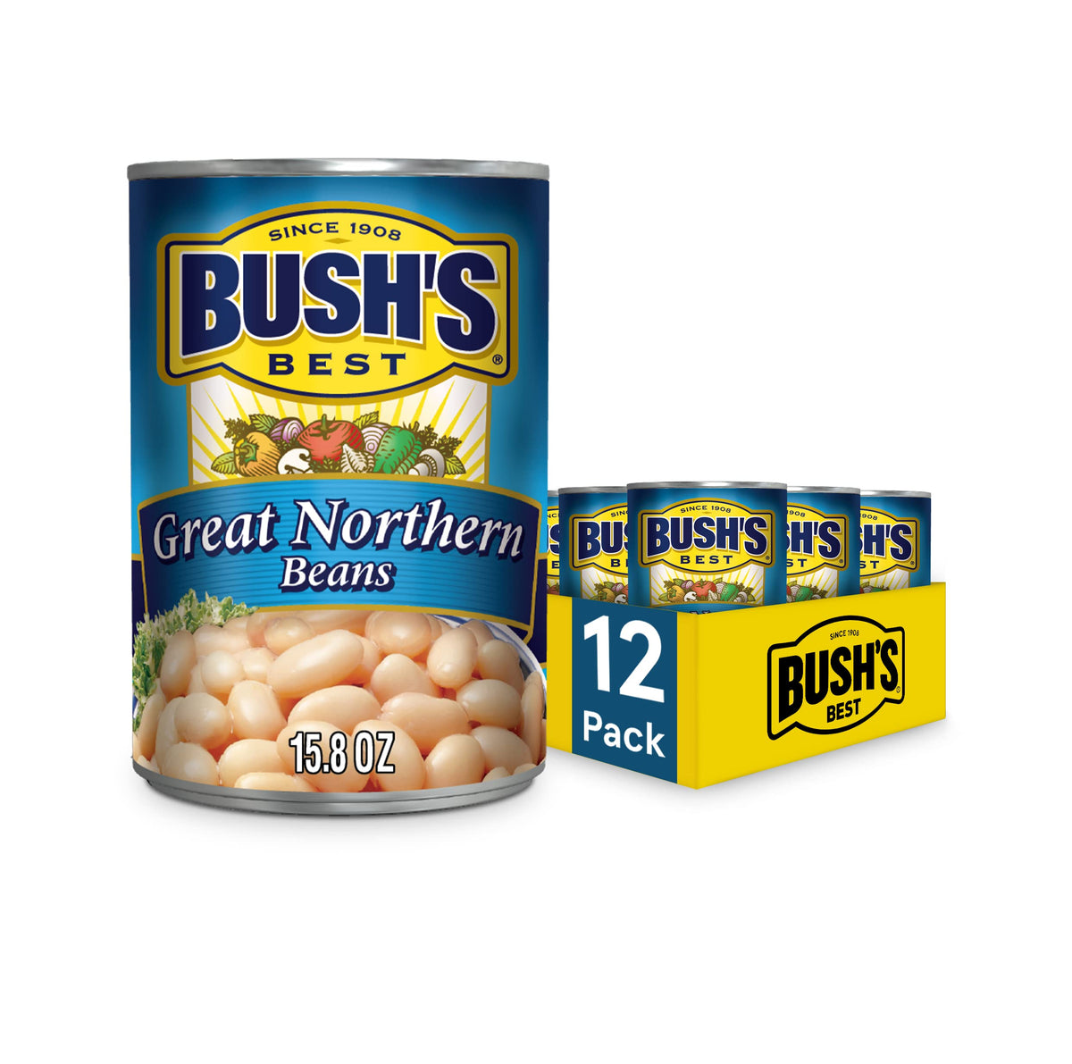 BUSH'S Great Northern Beans front packaging showing 12-pack convenience and clear labeling