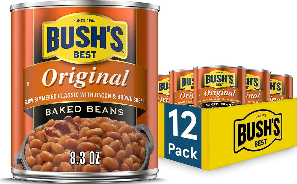 Bush's front can showing original baked beans and easy serving