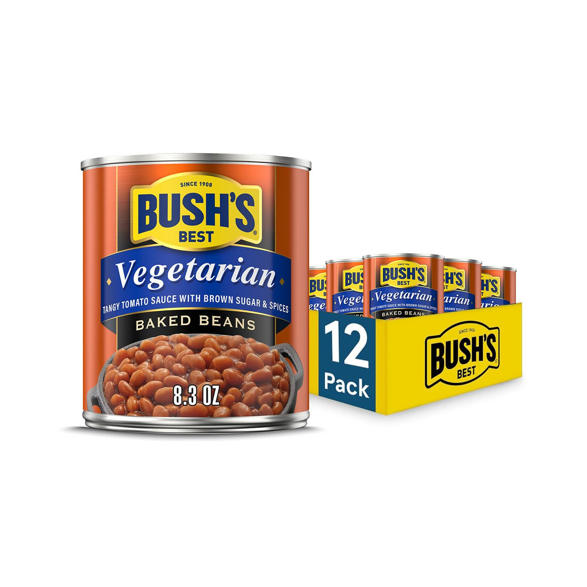 Bush's Best front can view showing vegetarian baked beans and easy pantry benefit