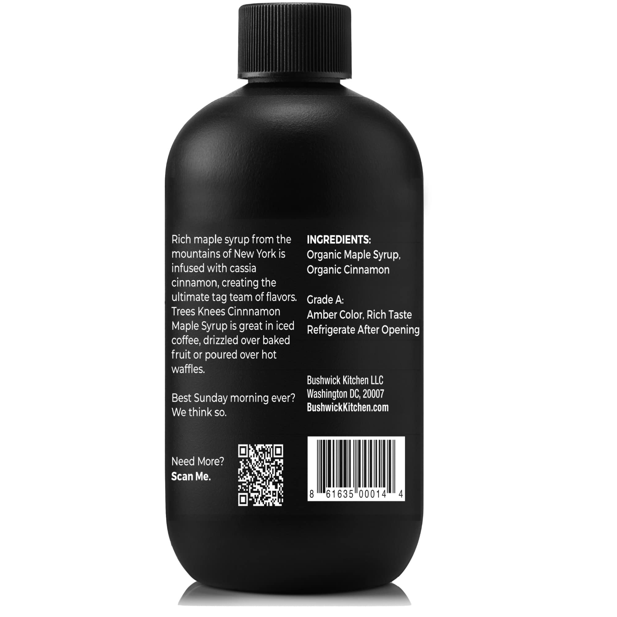 Bushwick Kitchen closeup label highlighting organic Grade A and cinnamon ingredient benefits