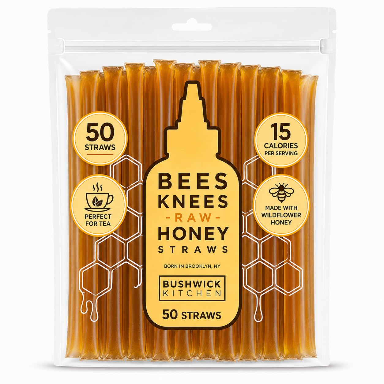 Bushwick Kitchen front packaging showing 50 honey sticks and tidy convenience