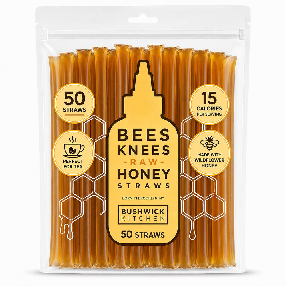 Bushwick Kitchen front packaging showing 50 honey sticks and tidy convenience