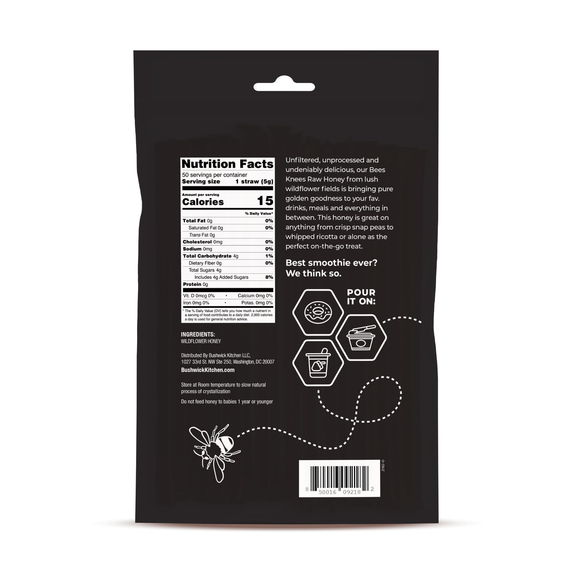 Bushwick Kitchen nutrition label and ingredient list displaying purity and origin