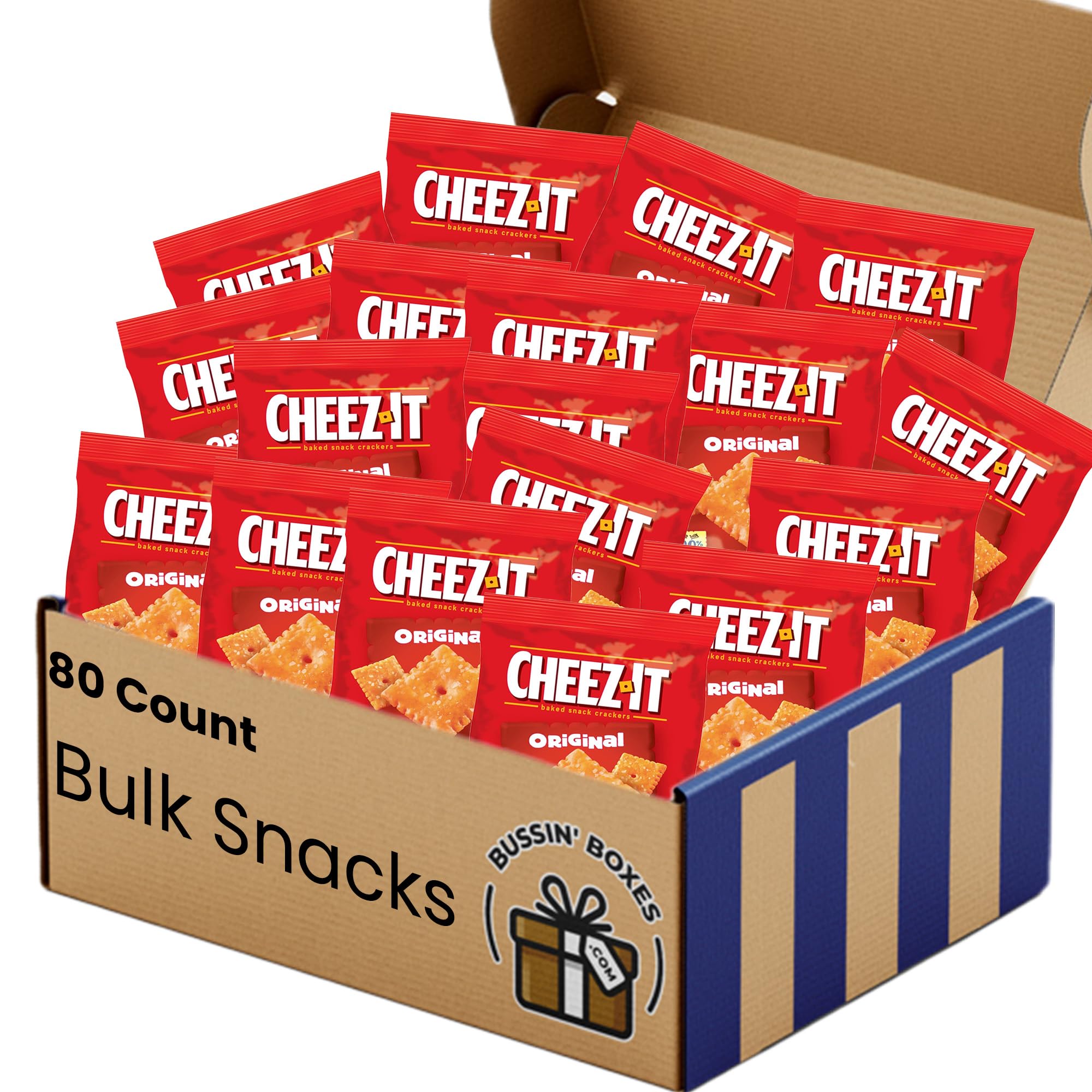 Bussin Boxes Cheez-It front packaging showing bulk 80-count, convenient storage
