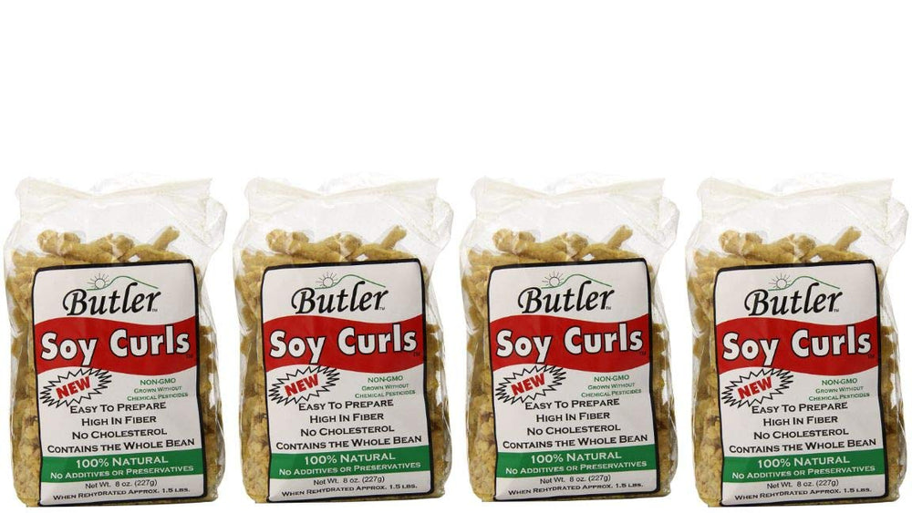 Butler Foods soy curls front packaging showcasing product and quick-cook benefit