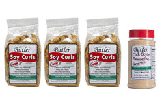 Butler Soy Curls front packaging showing three 8 oz bags and seasoning for pantry convenience
