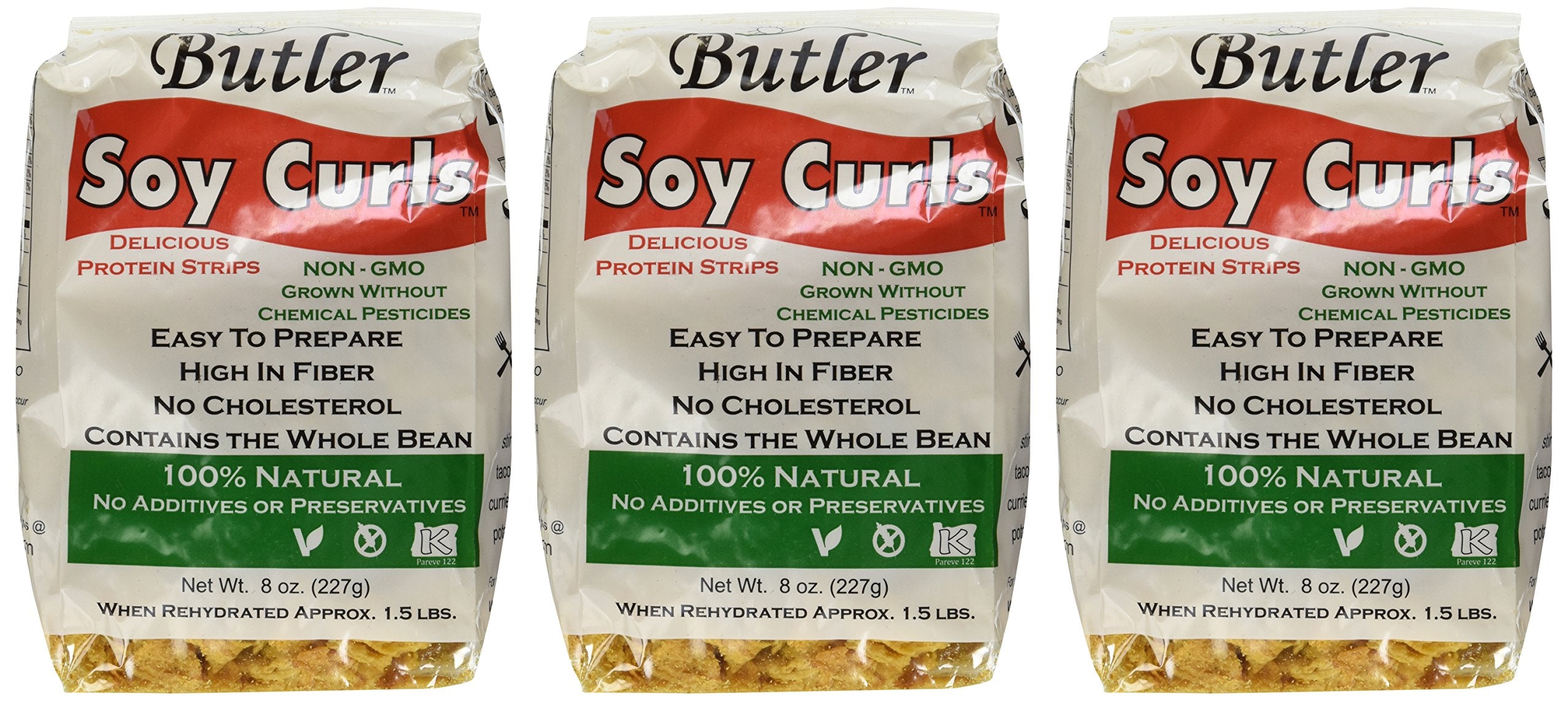Butler Foods soy curls front pouch showing dehydrated texture and quick plant protein