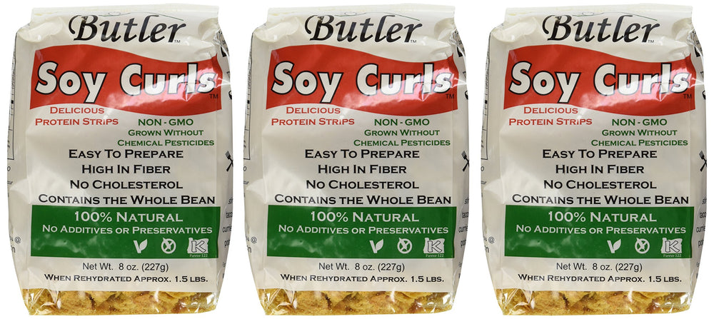 Butler Foods soy curls front pouch showing dehydrated texture and quick plant protein