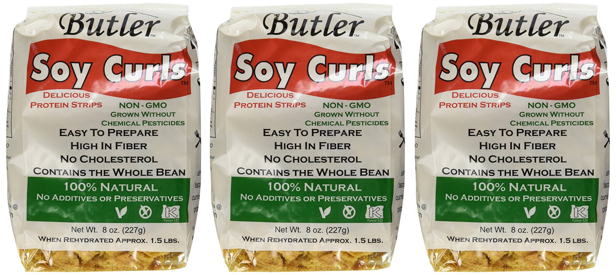 Butler Foods soy curls front pouch showing dehydrated texture and quick plant protein