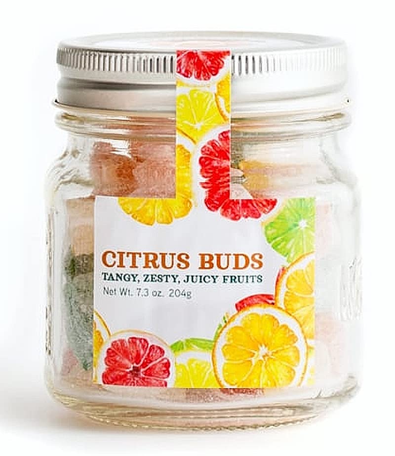 Butterfields citrus buds front packaging showing jar, bright citrus candies, easy gifting