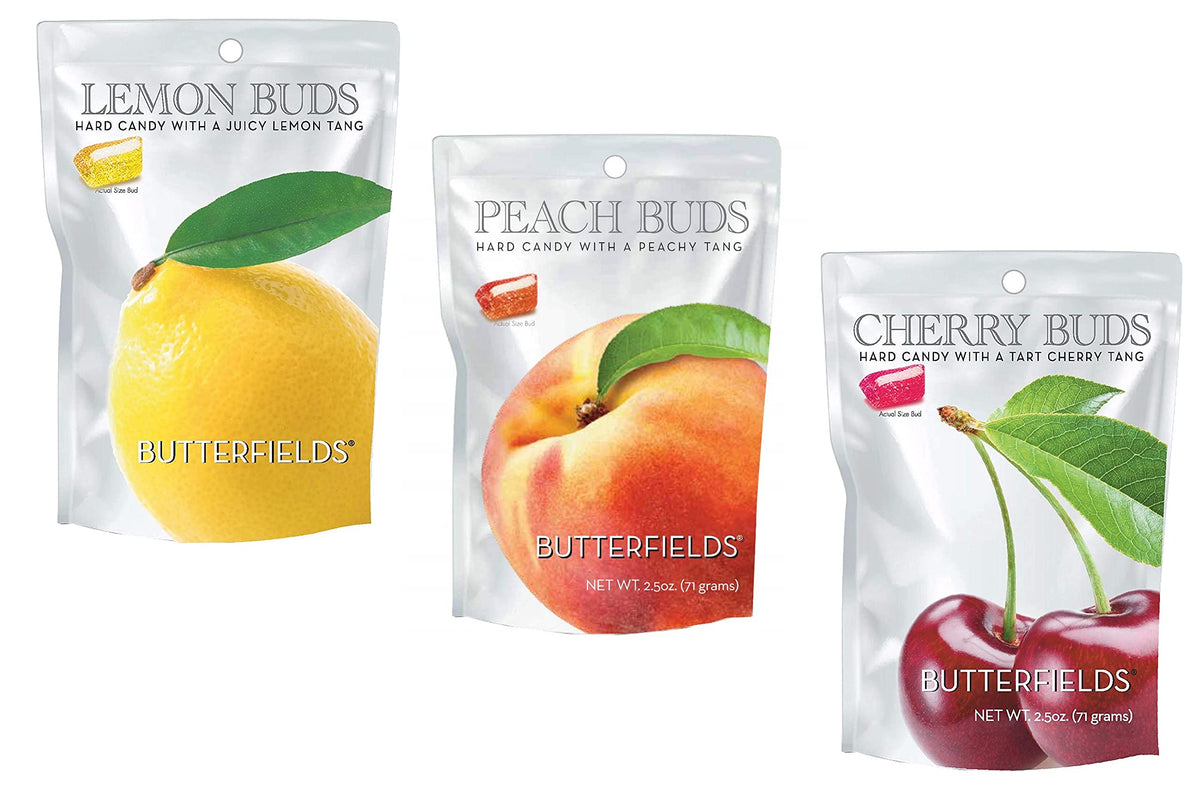 Butterfields front packaging showing three 2.5 oz pouches and clear branding benefits