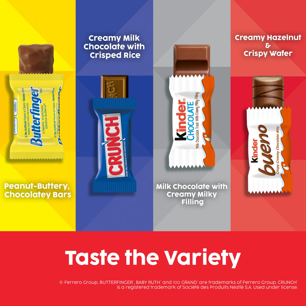Assorted mini bars spread out displaying Butterfinger and Kinder variety