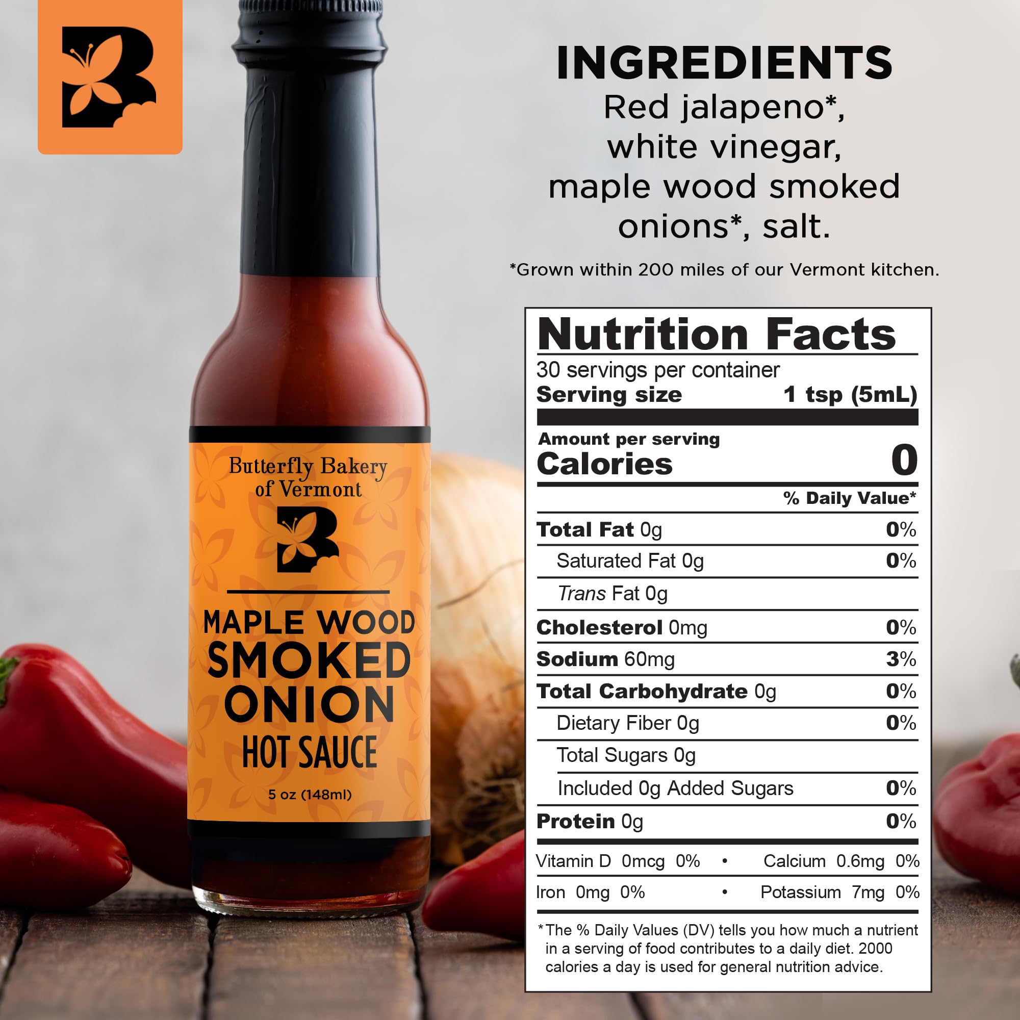 Butterfly Bakery close-up of product label, highlights smoked-onion and maple notes