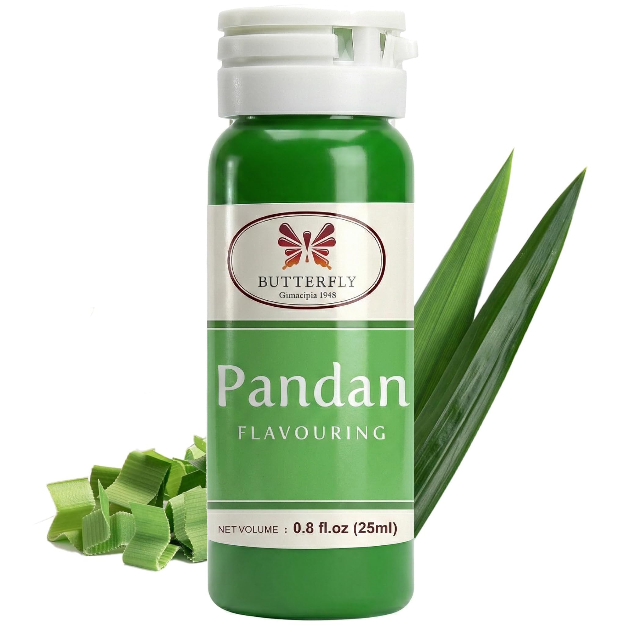 Butterfly close-up of pandan extract bottle and dropper for precise dosing