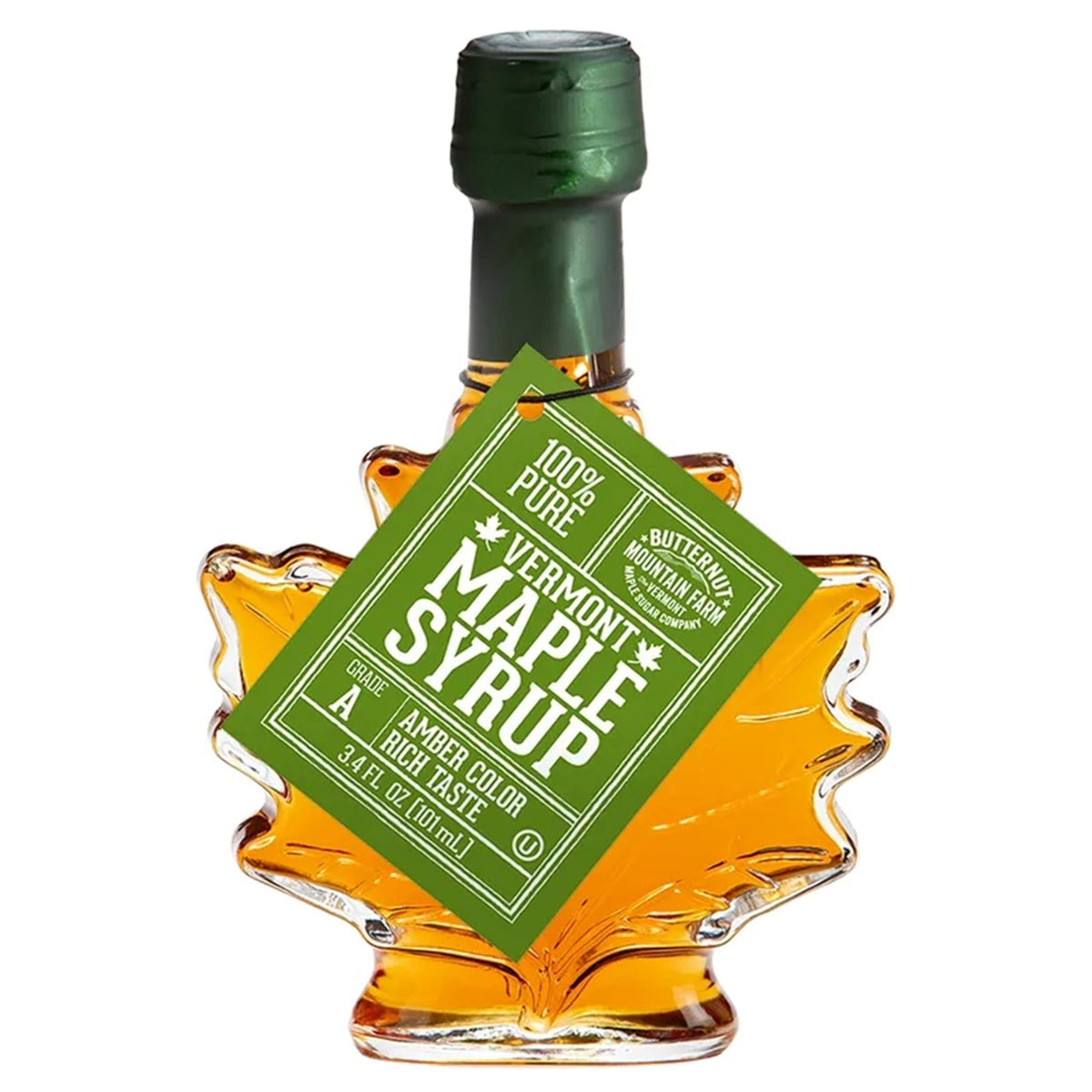 Butternut Mountain Farm maple-leaf bottle front view shows brand and gift-ready appeal