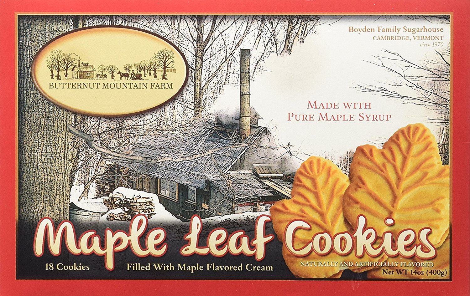 Butternut Mountain Farm box front showing leaf-shaped cookies and branding, ideal for gifting