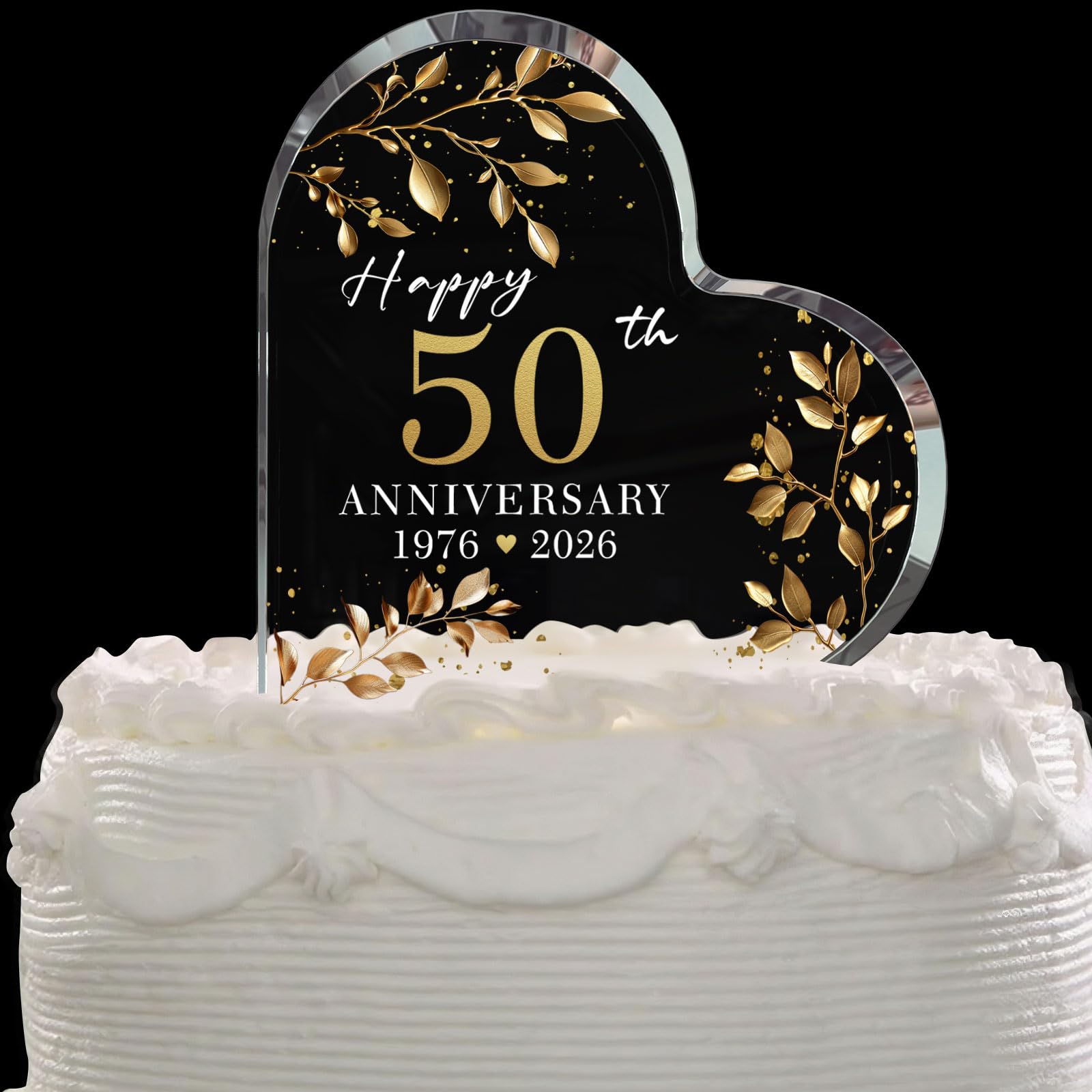 BUZCOZY front view of gold 50 acrylic topper showing elegant design and ceremony focus