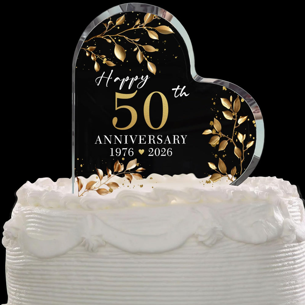 BUZCOZY front view of gold 50 acrylic topper showing elegant design and ceremony focus