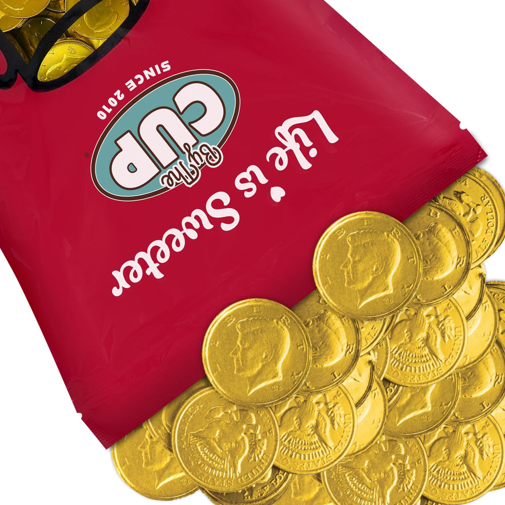 By The Cup front packaging of gold coins showing bulk quantity and brand