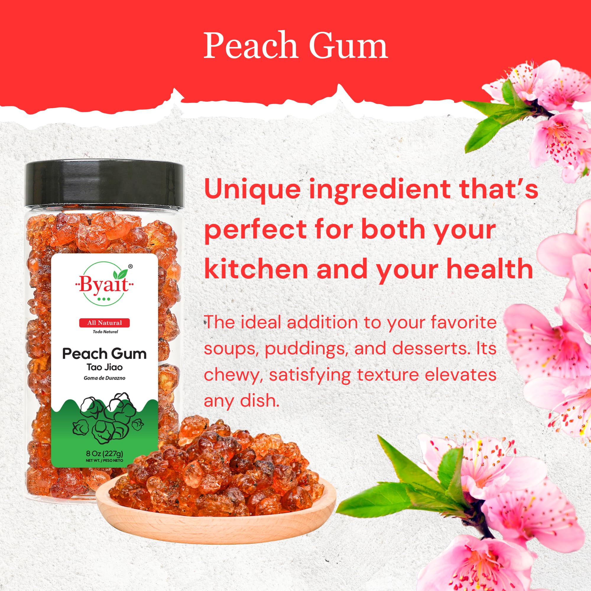 Byait peach gum next to spoon for size and portion reference