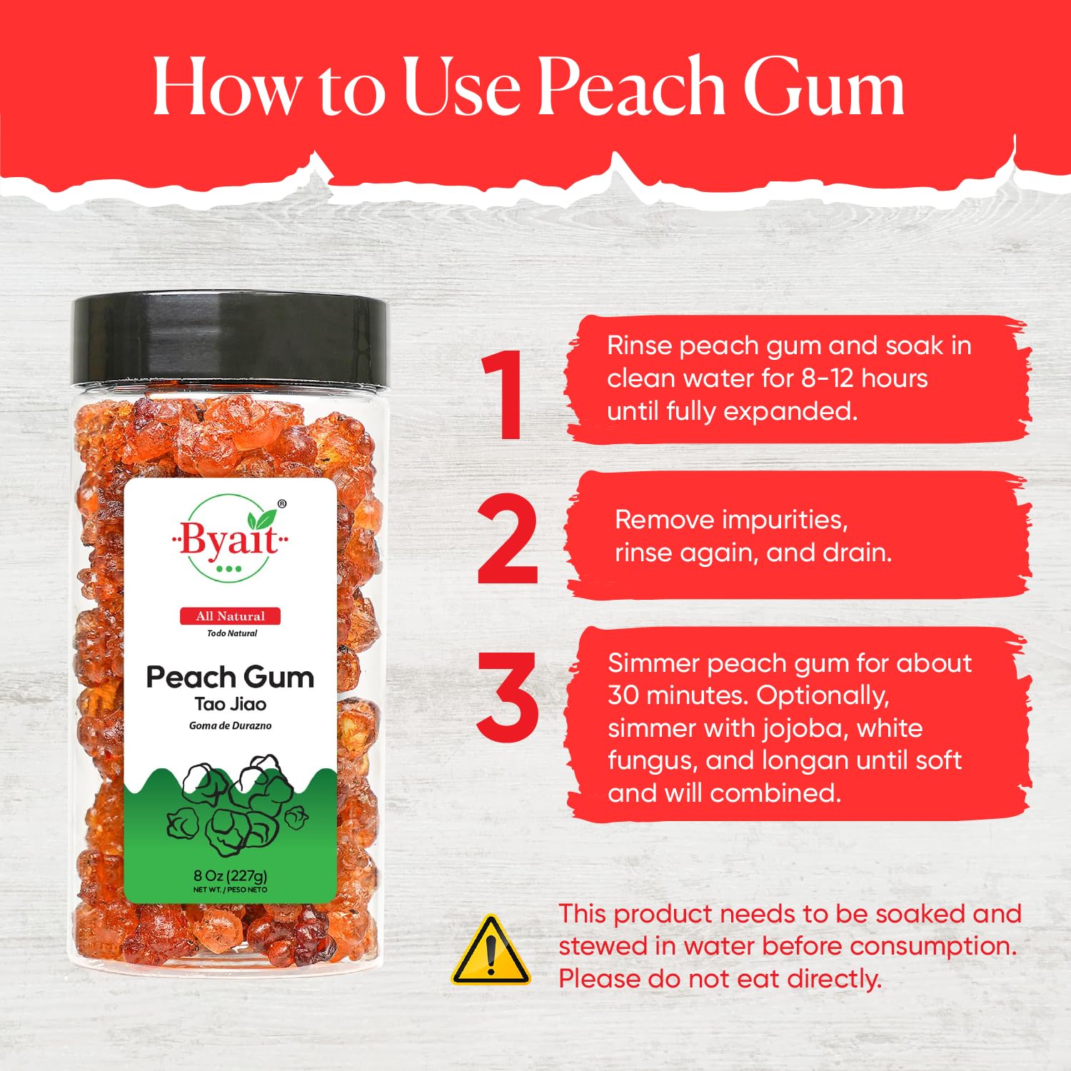 Byait simmering peach gum in pot showing easy cooking process